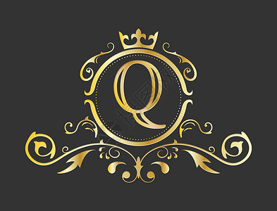 拉丁字母表的金色程式化字母 Q 带有装饰品和皇冠的会标模板 用于设计 ials 名片徽标标志和 heraldr背景图片