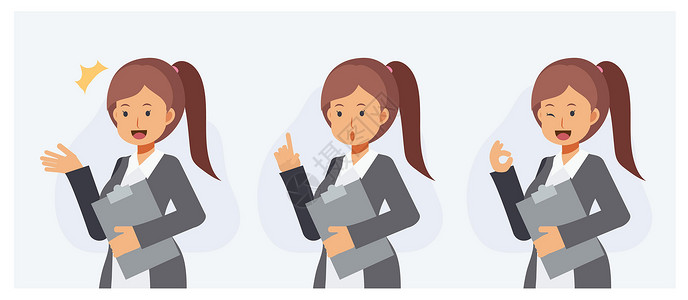 女模特脸一组拿着文件夹的女商务人士指导客户给建议好的手势 平面矢量卡通人物插图插画