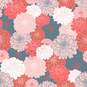 无缝重复图案与手绘菊花在青色蓝桃粉色苦甜白色高清图片