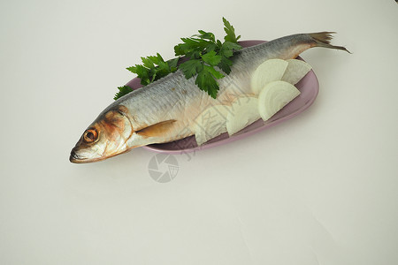 鱼 是一整只雌鹿 与洋葱和鹦鹉无分割的美食香菜鲱鱼海鲜盘子背景