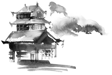 画房子日本建筑和阴云的天空房子刷子灰阶建筑学废墟多云黑色绘画插图墨水背景