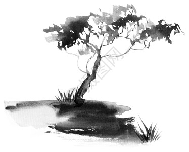 黑白画素材树以树墨和水彩为单位背景