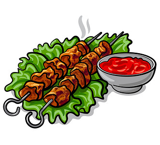 带皮后腿肉烤keba盘子午餐羊肉面包洋葱蔬菜家禽美食烧烤食物插画