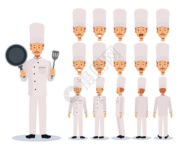 厨师全身男厨师平面矢量字符创建集与各种视图卡通风格平面矢量插图 情感 视图动画角色平底锅餐厅动画片职业男人围裙白色工作厨房工人插画