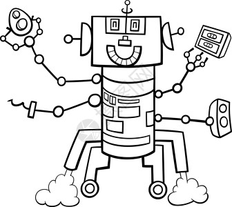 机智卡通机器人奇幻人物着色书页金属插图小说白色机械童话科幻黑色机器人工智能设计图片