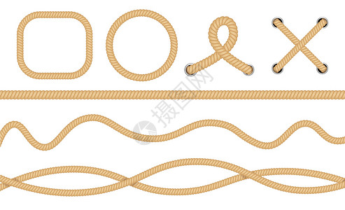 蝴蝶结环形边框航海循环 绳索的矢量结 逼真的结圆形和方形边框 船用绳索材料海洋正方形领带插图黄麻棕色边界水手纤维设计图片