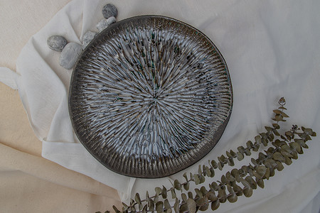 干花陶瓷盘印花布餐具盘子陶瓷工艺材料麻布陶器收藏手工背景图片