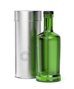素材酒盒绿色玻璃瓶和金属盒背景