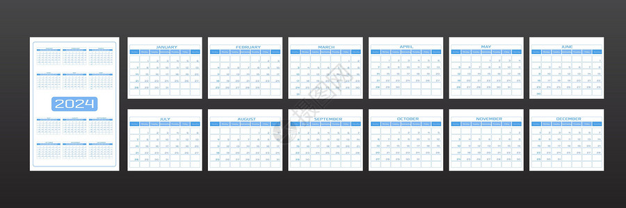 6到12个月2024 年日历采用简约的都市时尚风格 一套 12 个月模板每日计划者每天的待办事项列表 圆形流线型精致浅蓝色 一周从星期天开始设计图片