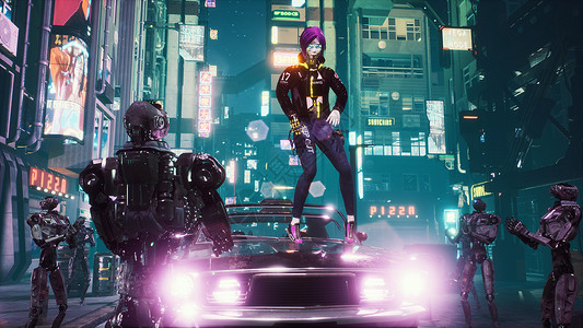机器人舞在夜城的街道上 一个女孩在一辆被机器人包围的未来派汽车里跳嘻哈舞 虚构城市的视图  3D 渲染背景