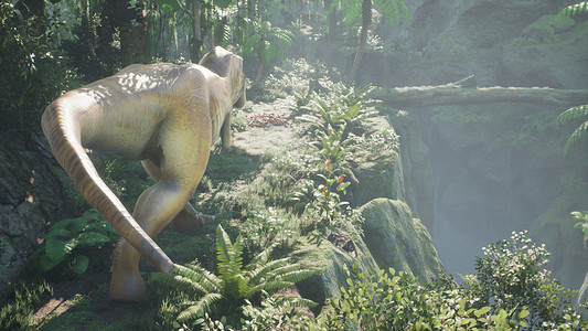 森林中霸王龙霸王龙恐龙在绿色的史前丛林中慢慢爬上它的猎物 在阳光明媚的早晨欣赏绿色的史前丛林 3D 渲染情感植物捕食者热带荒野危险怪物丛林攻背景