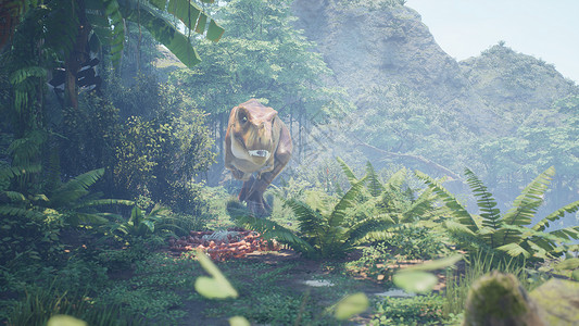 森林中霸王龙霸王龙恐龙在绿色的史前丛林中慢慢爬上它的猎物 在阳光明媚的早晨欣赏绿色的史前丛林 3D 渲染热带攻击丛林荒野灭绝恐慌侏罗纪古生物背景