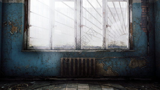 一座废弃医院的走廊 地面上有废墟和灰尘 看到一所被遗弃的末日化房屋 3DRendering背景图片