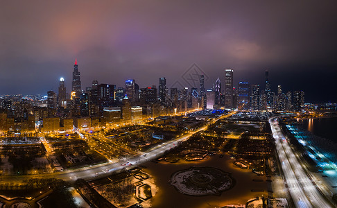 芝加哥城市风景 在冬季的夜晚 空中观察 美利坚合众国 (美国)背景图片