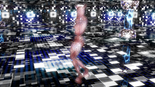 美丽的网络女孩在霓虹灯夜总会里跳舞和移动  3D渲染背景图片