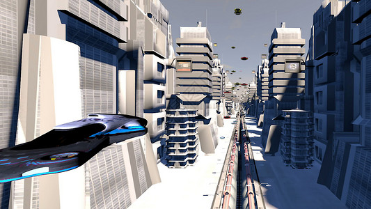 飞向未来城市3D渲染图科学建筑房子飞行市中心办公室艺术旅行摩天大楼街道背景图片