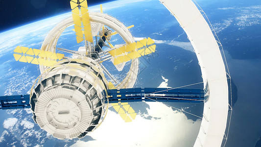 联盟号火箭空间站环绕地球飞来飞去星星世界科幻行星飞船轨道蓝色3d联盟火箭背景