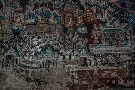 拉差布里寺庙Photharam的美景画墙 讲述佛教的故事精舍佛教徒建筑学信仰金刚古董文化艺术背景