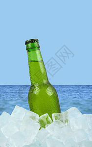 海边冰面上一瓶冷啤酒高清图片