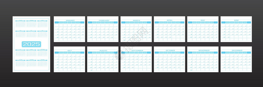 6到12个月2025 年日历采用简约的都市时尚风格 一套 12 个月模板每日计划者每天的待办事项列表 圆形流线型精致浅蓝色天蓝色 一周从星期设计图片