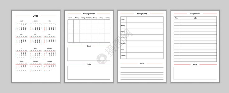 经典严格风格的 2025 年日历和每日每周每月个人计划日记模板 商务笔记本月历个人日程极简主义内敛设计 星期从周日开始季刊商业季背景图片