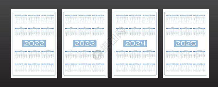 2022 2023 2024 2025 日历设置为简约的都市时尚风格 圆形流线型灰蓝色 一周从星期天开始设计图片