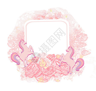 装饰花框与美丽的独角兽绘画花丝艺术明信片邀请函动物生日花朵玫瑰手绘背景图片