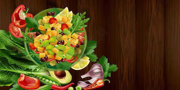 芝麻菜沙拉墨西哥沙拉和木制桌上的鳄梨食物盘子味道服务维生素餐厅美食柠檬厨房香菜插画