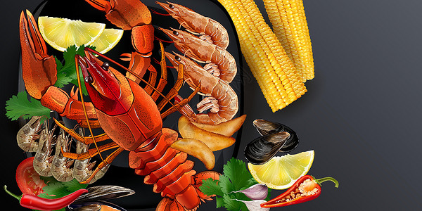 有龙虾 虾和玉米鳕的海鲜菜营养棒子厨房服务薯条胡椒饮食甲壳类玉米沙拉背景图片