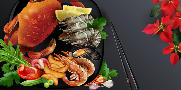 蟹肉蒸蛋日本式海鲜菜 蟹肉和大虾香菜柠檬厨房美食餐厅胡椒广告盘子饮食国王插画