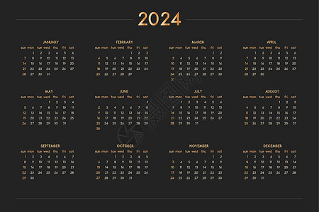勒克斯2024 年个人计划日记笔记本金色黑色奢华丰富风格 横向横向格式 星期从周日开始季刊季节办公室网格桌子规划师商业极简金子主义者设计图片