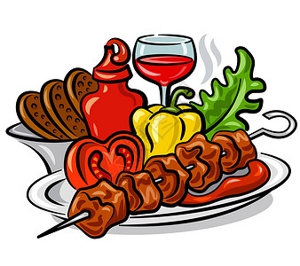 沙拉塔烤热卡巴面包羊肉炙烤盘子午餐小吃胡椒食物美食蔬菜插画