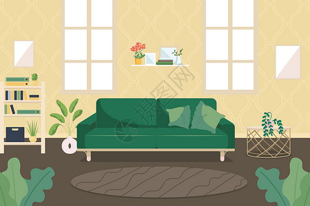 制作家具素材它制作图案现代客厅平面颜色矢量图表家庭植物长椅海报地毯信息沙发横幅公寓插画