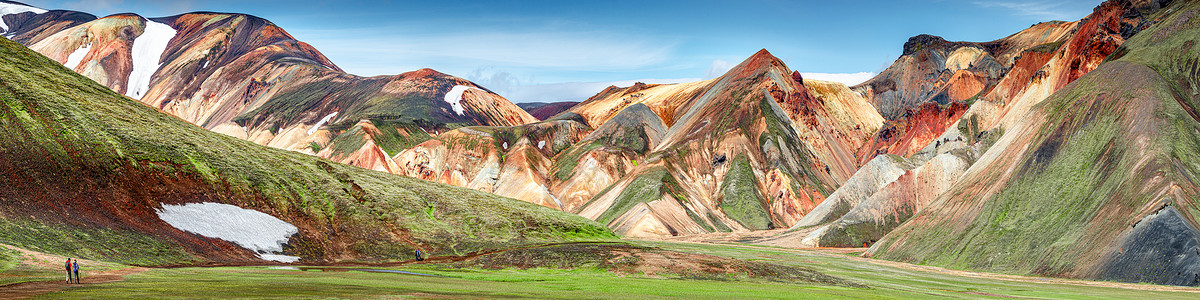 冰岛全景真实的冰岛粗犷景观 包括五颜六色的彩虹火山山脉 火山 溪流和著名的远足小径山脉小路冒险荒野背包登山观光戏剧性首脑旅行背景图片