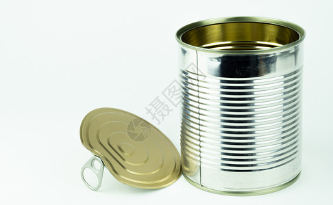 白色背景上的锡罐密闭食物水果鳃盖盒子金属商品蔬菜背景图片