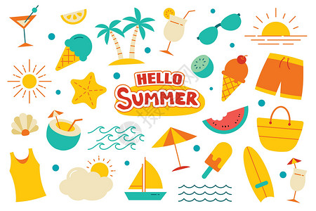 白色贴纸你好夏季系列在白色背景上设置平面设计 多彩的夏季符号和对象插画