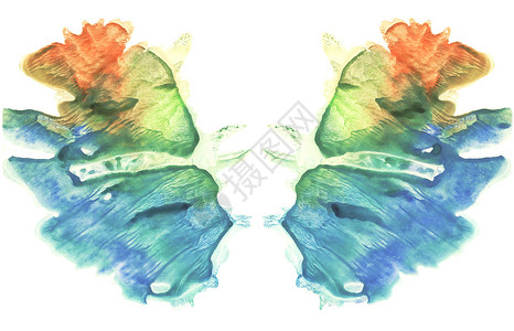 飞溅的蝴蝶图像多色罗夏墨迹测试卡 水彩画 抽象背景 彩色图像 蓝色橙色黄色和绿色油漆背景