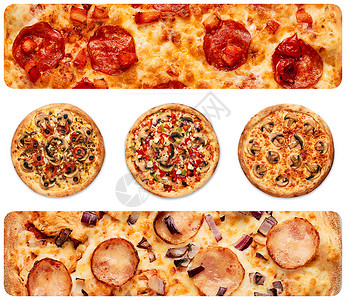 披萨促销宣传单白色背景上不同比萨饼的颜色餐厅蔬菜菜单脆皮食物香肠披萨小吃海鲜火腿背景