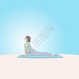 穿着绿色和淡紫色运动服的全长女性练习瑜伽体式和做向上狗伸展胸部和脊柱插图 vecto设计图片