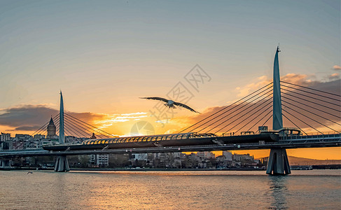 格拉坦桥清晨时间和伊斯坦布的金角湾和地铁桥景观游客历史旅游海岸日落金角文化建筑火鸡历史性插画