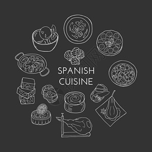 西班牙海鲜饭手绘传统西班牙菜肴和甜点套装 菜单咖啡馆 餐厅 面包店和包装的设计草图元素 黑色背景上的矢量图插画
