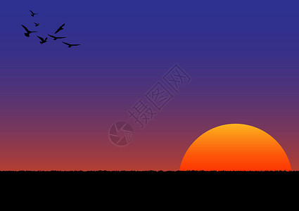 图形图像日落或日出与橙色和蓝色的天空与地面矢量图上的草背景图片