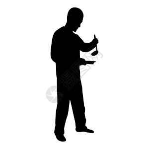 用勺吃瓜剪影男人用平底锅勺勺子厨房用具裂开汤在他的手准备食物男性烹饪使用 sauciers 黑色矢量插图平面样式 imag盘子用具碟子服设计图片