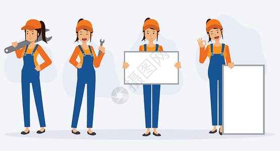 领班一组女机械修理工在各种动作中 在这里拿着空白符号你的文字 平面矢量卡通人物插画