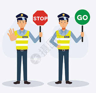 背着手交警拿着标志停止和去的交警 平面矢量卡通人物插画设计图片
