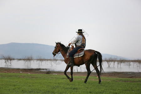 牛仔在马背上反对美丽的日落 牛仔和马在第一道光 山 河和生活方式与自然光背景农村天空骑士射线旅行橙子马术戏剧性冒险公园背景图片