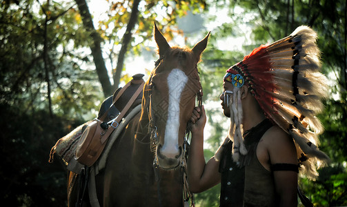 美国印第安人战士 部落首领 长着羽毛的男子和木鹰马马马背景