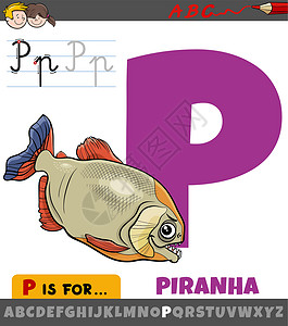 蓝鸟食人鱼带有卡通食人鱼动物特征的字母表中的字母 P设计图片