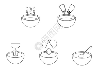汤洒了碗厨房大纲集 各种碗描绘了热汤盐胡椒调味混合搅拌鸡蛋开裂和搅拌 展开的黑白 EPS Vecto插画