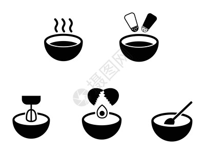 汤洒了碗厨房套装 各种碗描绘了热汤盐胡椒调味混合搅拌鸡蛋开裂和搅拌 黑白 EPS Vecto插画